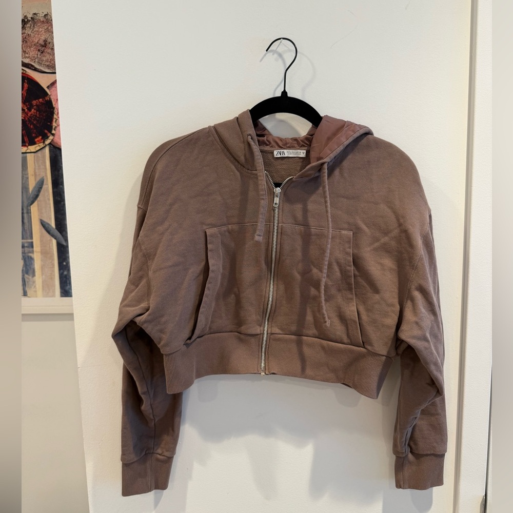 Zara Women's Tan Cropped Hoodie Jacket